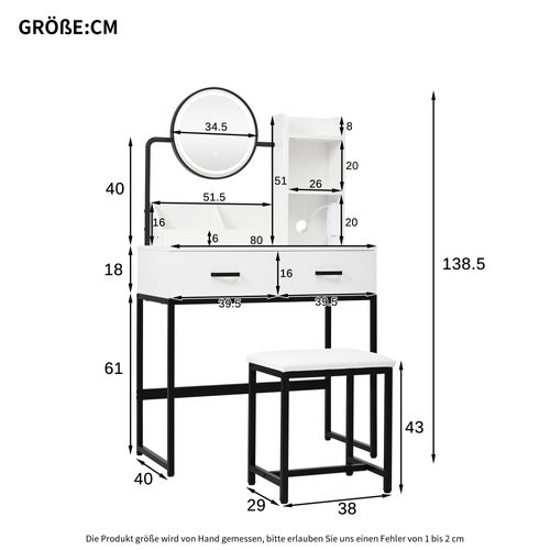 Coiffeuse Avec Miroir LED Et Tabouret Noir