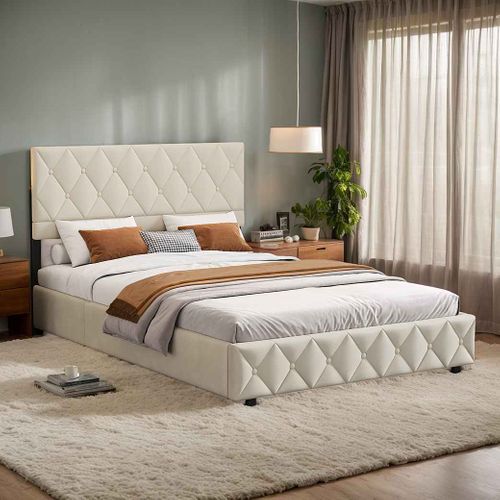 Lit Capitonnés Lit Coffre 160x200 Cm Lit Double Avec Sommier à Lattes, Velours, Beige, Sans Matelas