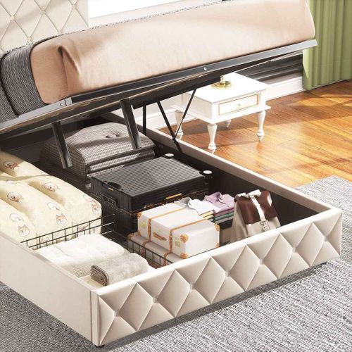 Lit Capitonnés Lit Coffre 160x200 Cm Lit Double Avec Sommier à Lattes, Velours, Beige, Sans Matelas