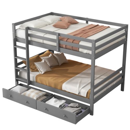 Lit Superposé 140x200 Cm, Lit Enfant Avec 2 Tiroirs Et Barrière Anti-chute, Pin + Mdf, Gris