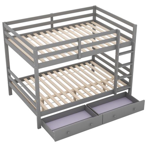 Lit Superposé 140x200 Cm, Lit Enfant Avec 2 Tiroirs Et Barrière Anti-chute, Pin + Mdf, Gris