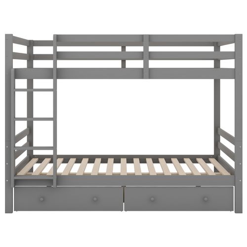 Lit Superposé 140x200 Cm, Lit Enfant Avec 2 Tiroirs Et Barrière Anti-chute, Pin + Mdf, Gris