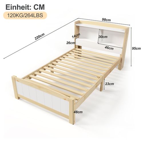 Lit Enfant Lit 90x200 Avec Tête De Lit Rangement, Bois Massif + Mdf, Blanc
