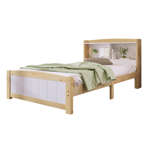 Lit Enfant Lit 90x200 Avec Tête De Lit Rangement, Bois Massif + Mdf, Blanc