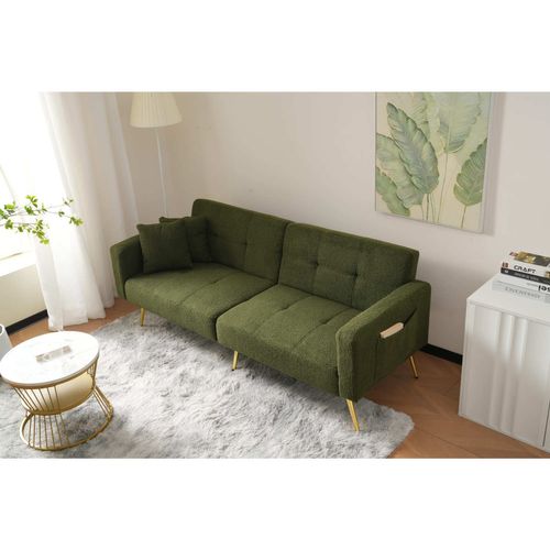 Canapé Convertible 2 Places Angle Réglable, Pieds Dorés, Tissu Sherpa, Vert