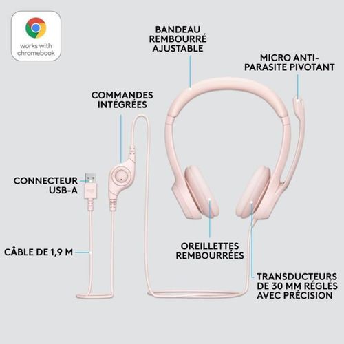 Casque - Filaire - Logitech - H390 - Stéréo, Microphone Intégré, Antibruit - Rose