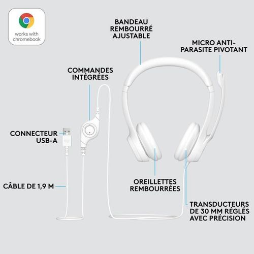 Casque - Filaire - Logitech - H390 - Stéréo, Microphone Intégré, Antibruit - Blanc