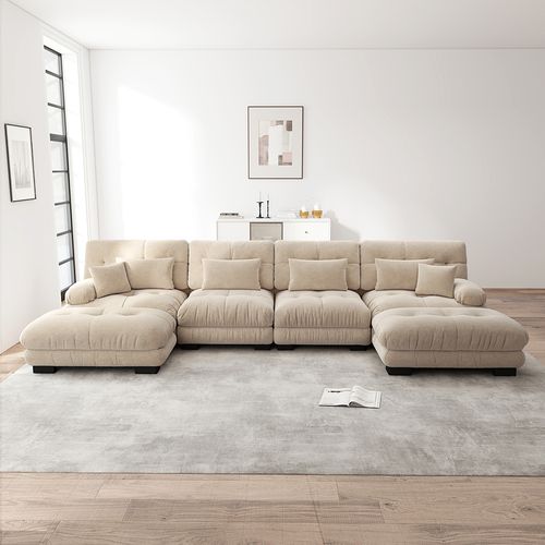 Canapé D'angle Modulaire, En Forme De U, Avec Repose-pieds Amovible, Tissu Chenille, Beige