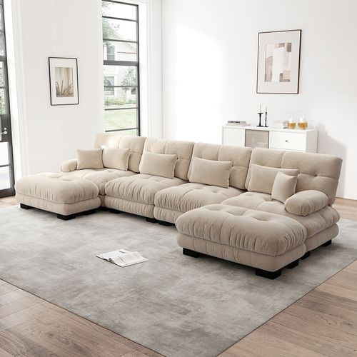 Canapé D'angle Modulaire, En Forme De U, Avec Repose-pieds Amovible, Tissu Chenille, Beige