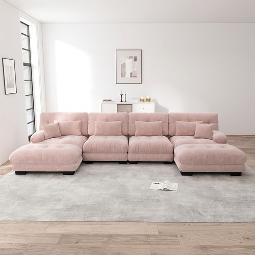 Canapé D'angle Modulaire, En Forme De U,avec Repose-pieds Amovible, Tissu Chenille, Rose