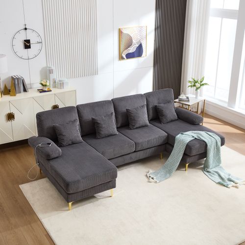 Canapé En U Avec Éclairage D'ambiance LED, Port USB-c, Coussins Et Dossiers, Bois Massif, Gris.