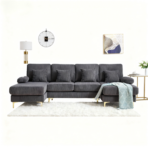 Canapé En U Avec Éclairage D'ambiance LED, Port USB-c, Coussins Et Dossiers, Bois Massif, Gris.