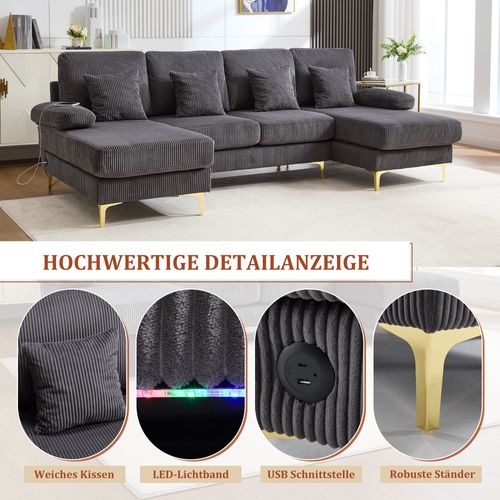Canapé En U Avec Éclairage D'ambiance LED, Port USB-c, Coussins Et Dossiers, Bois Massif, Gris.