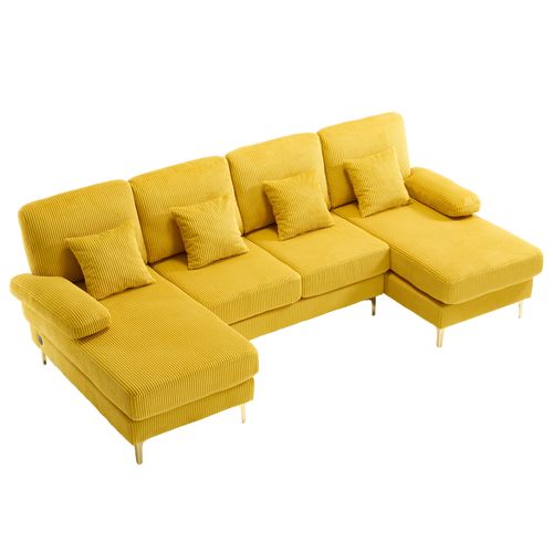 Canapé En U Avec Éclairage D'ambiance LED, Port USB-c, Coussins Et Dossiers, Bois Massif,jaune