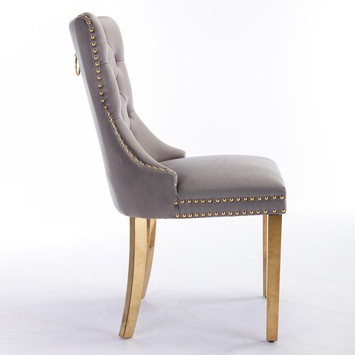 Chaise De Salle à Manger Rembourrée Avec Pieds En Acier Inoxydable Plaqué Or, Velours, Gris Et Or