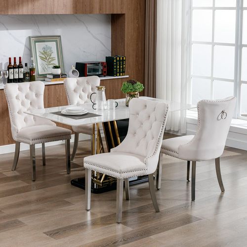 Lot De Deux Chaises De Salle à Manger Avec Pieds En Acier Inoxydable Chromé, Velours ,beige