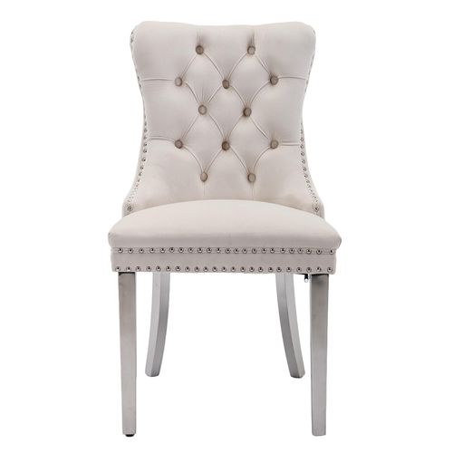 Lot De Deux Chaises De Salle à Manger Avec Pieds En Acier Inoxydable Chromé, Velours ,beige