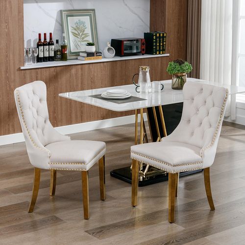 Chaise De Salle à Manger Rembourrée Avec Pieds En Acier Inoxydable Plaqué Or, Velours, Beige