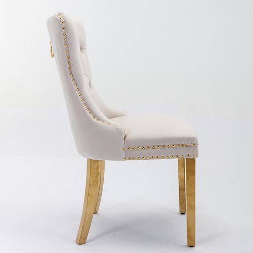 Chaise De Salle à Manger Rembourrée Avec Pieds En Acier Inoxydable Plaqué Or, Velours, Beige