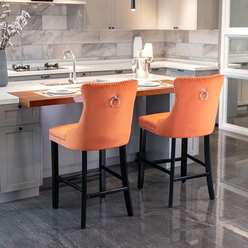 Lot De Deux Tabourets De Bar, Avec Détails Cloutés Et Pieds En Bois, Revêtement En Velours,orange