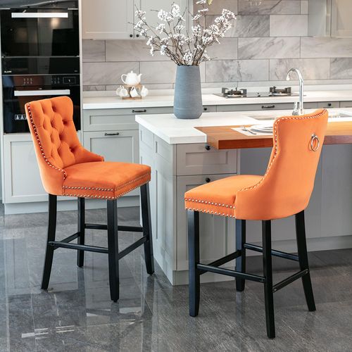 Lot De Deux Tabourets De Bar, Avec Détails Cloutés Et Pieds En Bois, Revêtement En Velours,orange