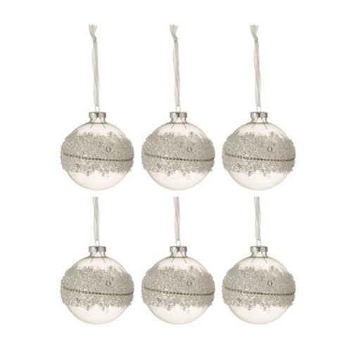 Lot De 6 Boules De Noël "glace" 8cm Blanc et Argent