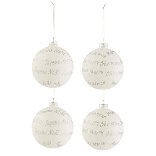 Lot De 4 Boules De Noël "xmas" 10cm Blanc et Argent