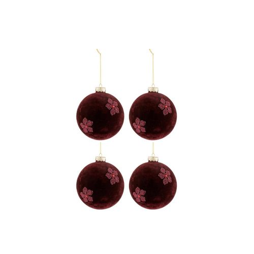 Lot De 4 Boules De Noël "fleurs Velours" 12cm Rouge