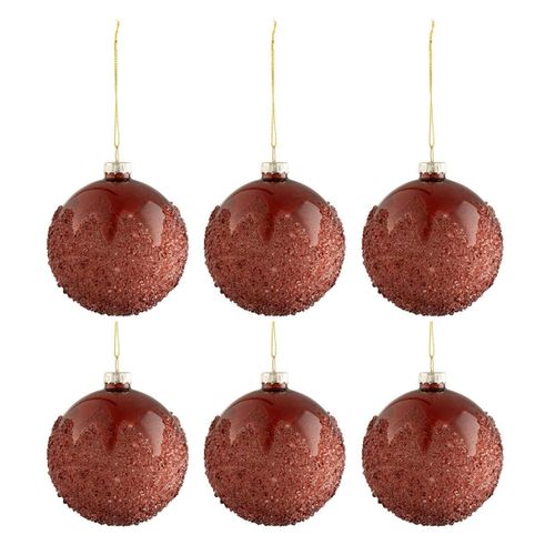 Lot De 6 Boules De Noël "givrées" 8cm Bordeaux
