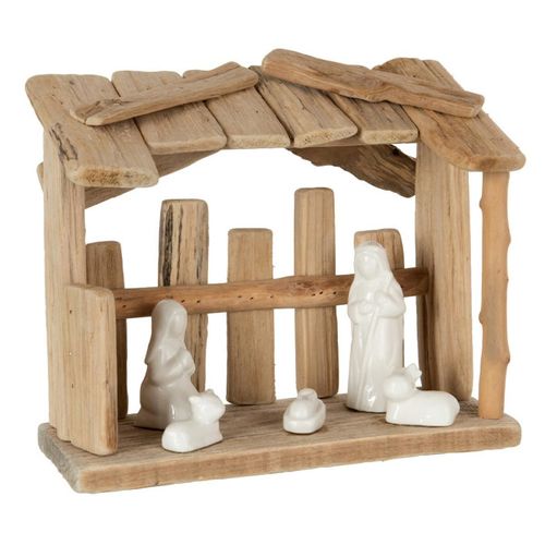 Crèche De Noël "toit Plat" 25cm Naturel et Blanc