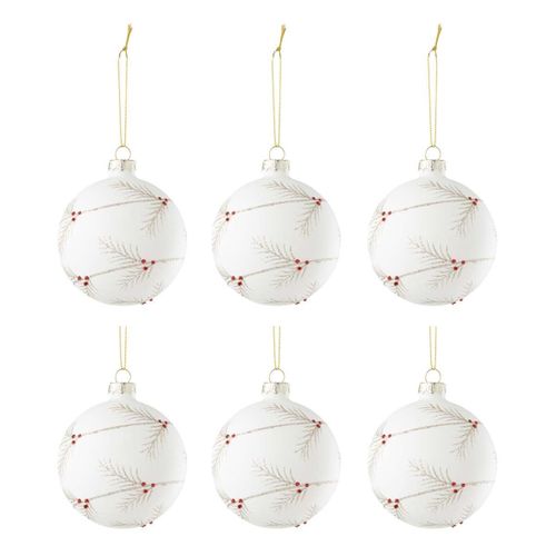 Lot De 6 Boules De Noël Paillettes "houx" 8cm Blanc