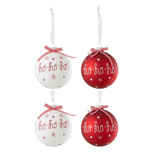 Lot De 4 Boules De Noël "hohoho" 10cm Rouge et Blanc