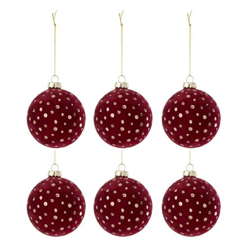 Lot De 6 Boules De Noël Velours "ely" 8cm Bordeaux