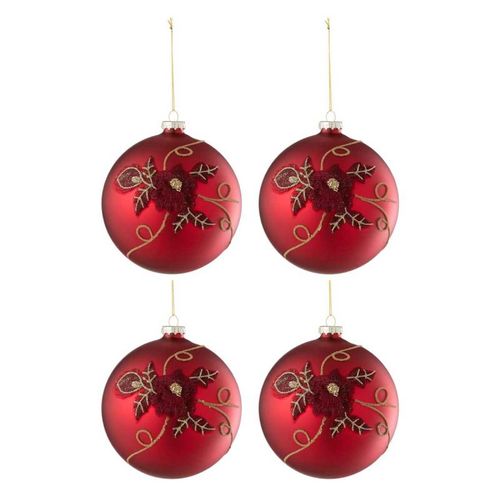 Lot De 4 Boules De Noël Fleurs "rosaline" 12cm Rouge