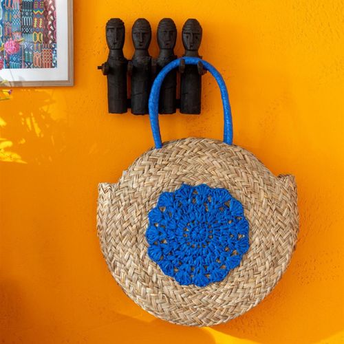 Sac De Plage "fleur" 40cm Naturel et Bleu