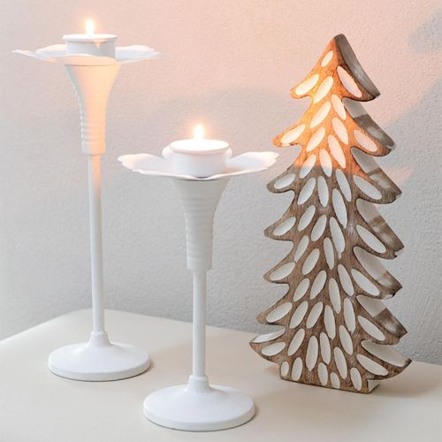 Lot De 2 Bougeoirs Fleurs En Métal "oldies" 29cm Blanc