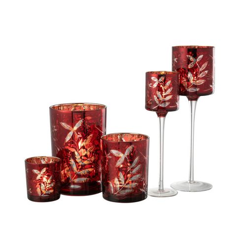 Photophore Déco En Verre "feuilles" 18cm Rouge