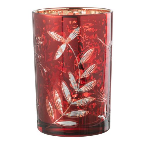 Photophore Déco En Verre "feuilles" 18cm Rouge