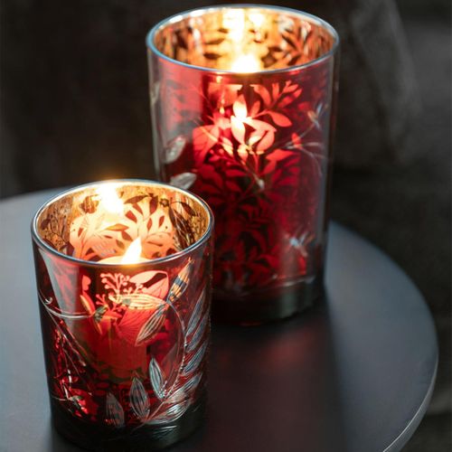 Photophore Déco En Verre "feuilles" 18cm Rouge