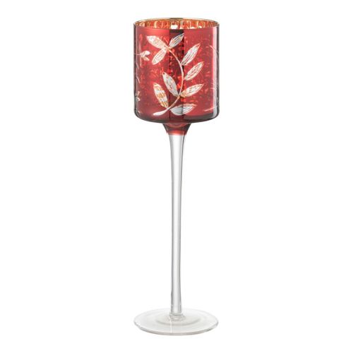 Photophore Sur Pied En Verre "feuilles" 25cm Rouge