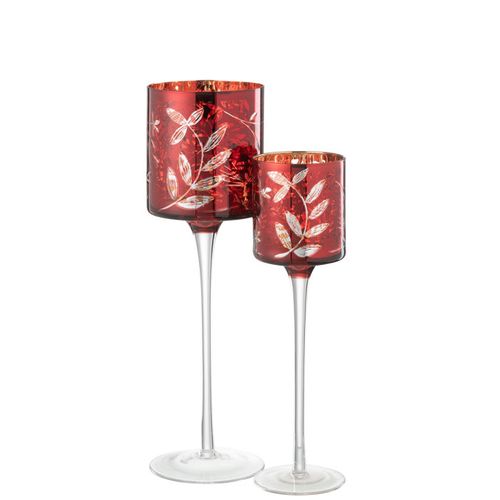 Photophore Sur Pied En Verre "feuilles" 30cm Rouge