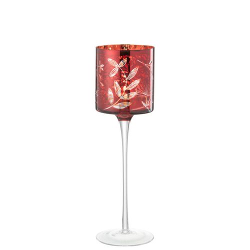 Photophore Sur Pied En Verre "feuilles" 30cm Rouge