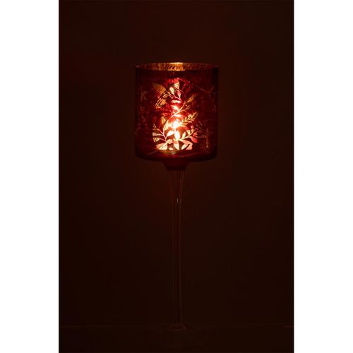 Photophore Sur Pied En Verre "feuilles" 30cm Rouge