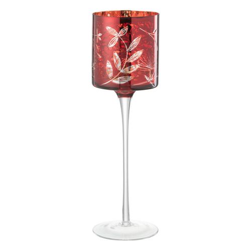 Photophore Sur Pied En Verre "feuilles" 30cm Rouge