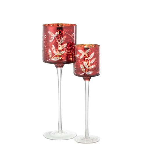 Photophore Sur Pied En Verre "feuilles" 30cm Rouge