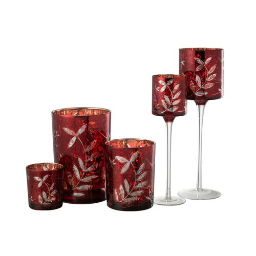 Photophore Sur Pied En Verre "feuilles" 30cm Rouge