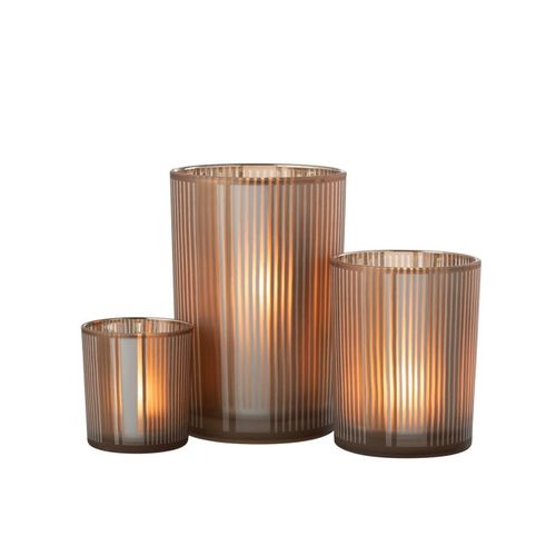 Photophore Déco En Verre Mat "lignes" 18cm Marron