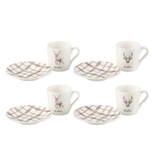 Lot De 4 Tasses à Café et Sous-tasses "renne Winter" 8cl Blanc