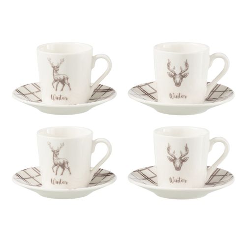 Lot De 4 Tasses à Café et Sous-tasses "renne Winter" 8cl Blanc