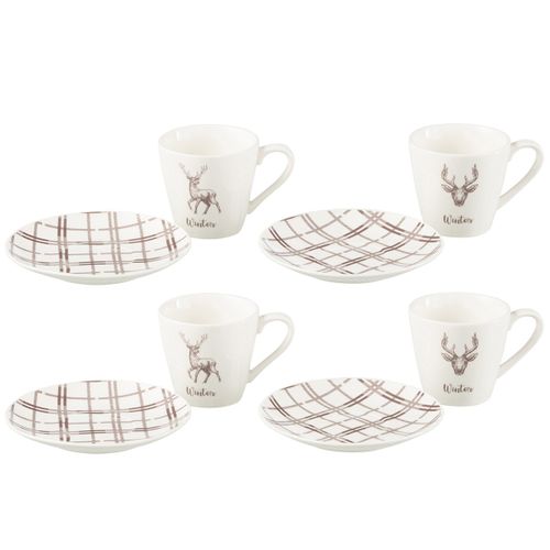 Lot De 4 Tasses à Thé et Sous-tasses "renne Winter" 22cl Blanc